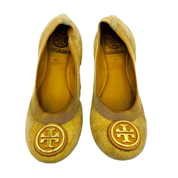Tory Burch Caroline Sparkling Gold Beige Ballet Flats Sz 6M - Picture 1 of 8